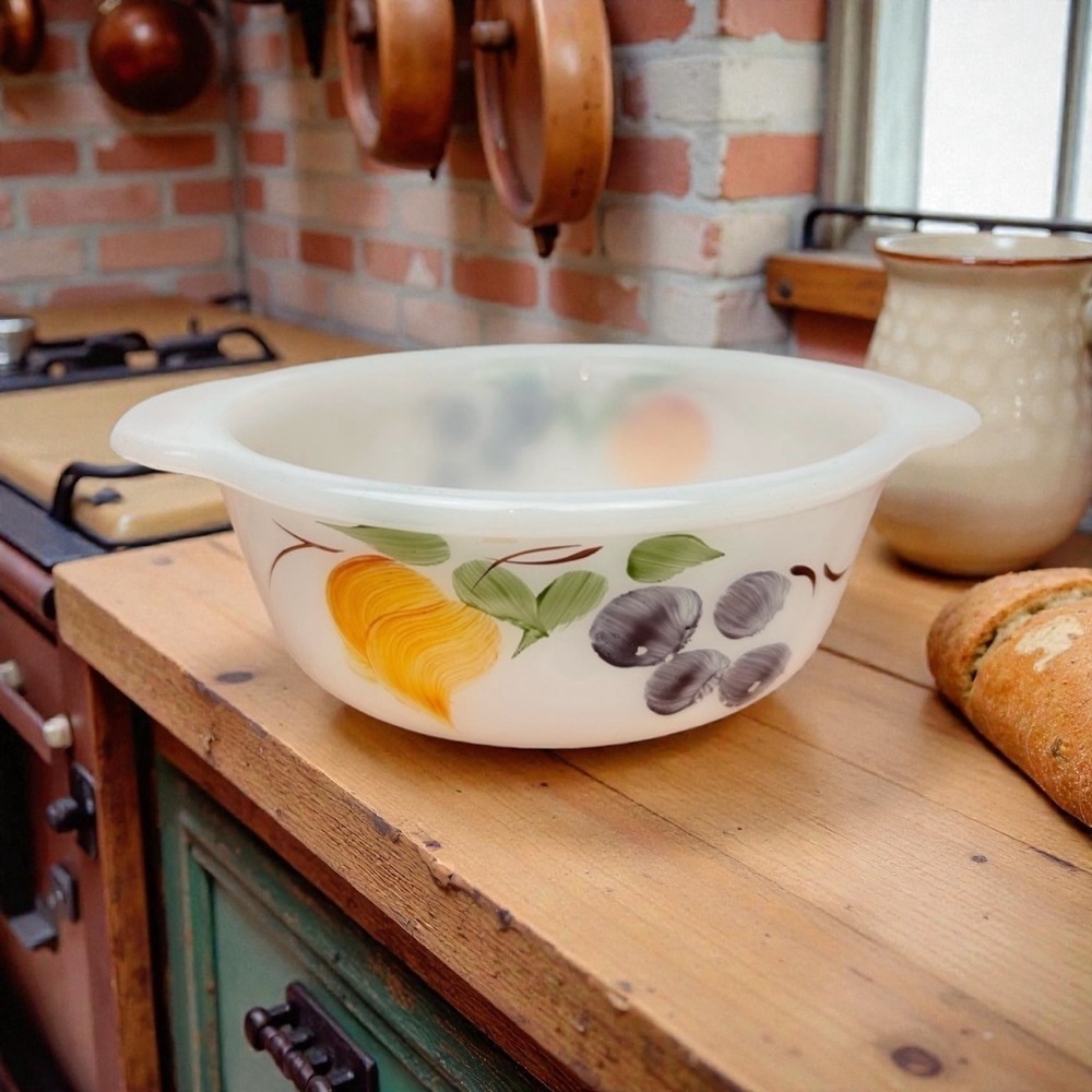 Anchor Hocking Fire King Gay Fad Small milkglass bowl, fruits pattern #445